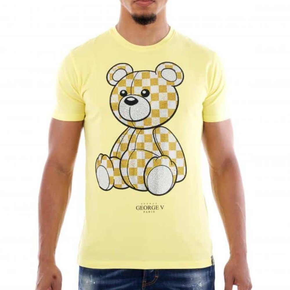 Avenue George V Paris T-Shirt Teddy Bear Men's Yellow Shirt Rhinestone NWT